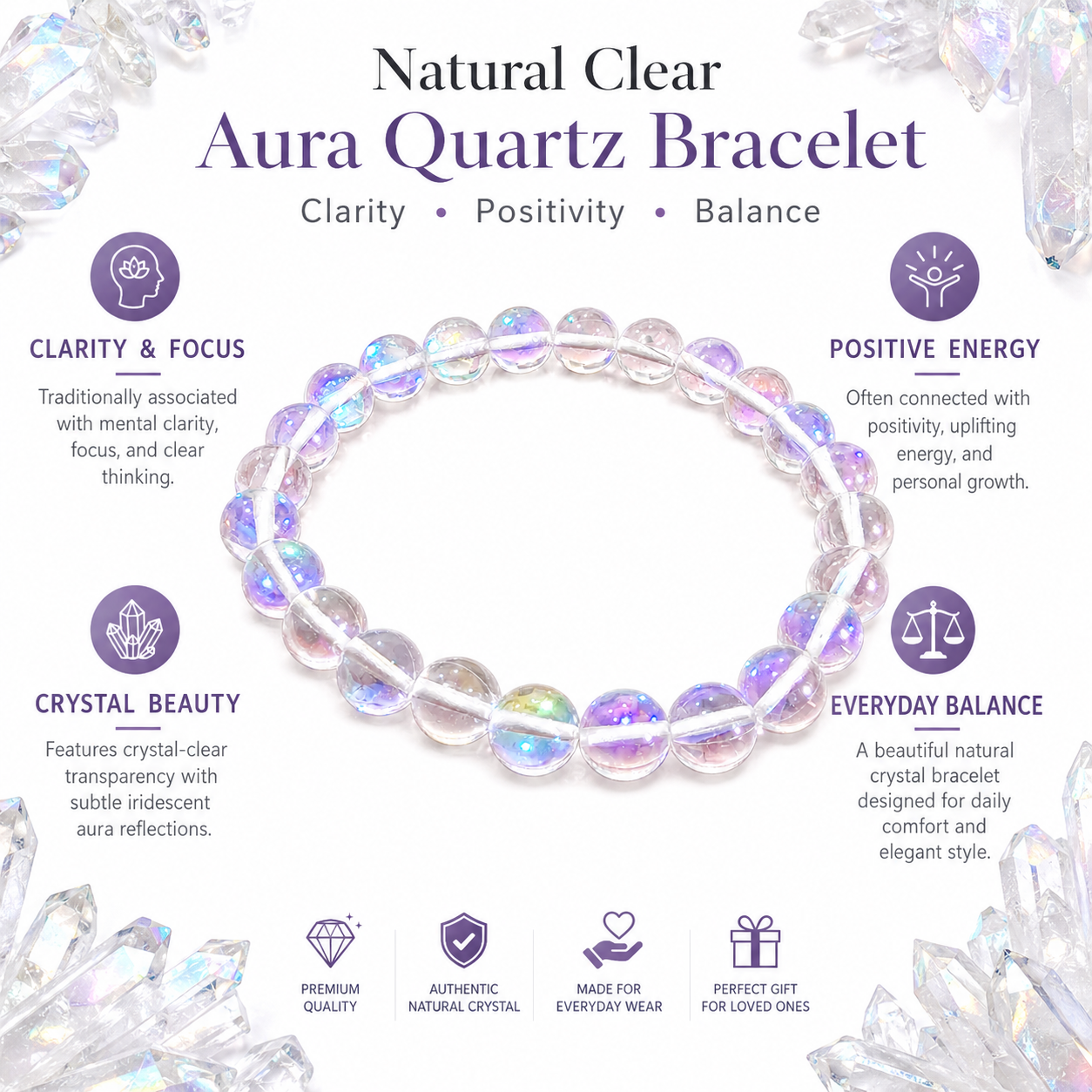 Natural Clear Aura Quartz Bracelet 8mm