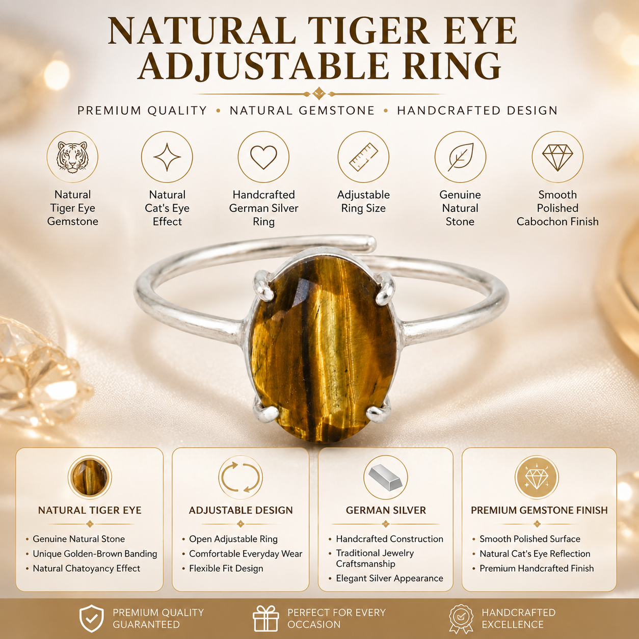 Natural Tiger Eye Adjustable Ring | Handmade Tiger Eye Gemstone Ring | Healing Crystal Jewelry