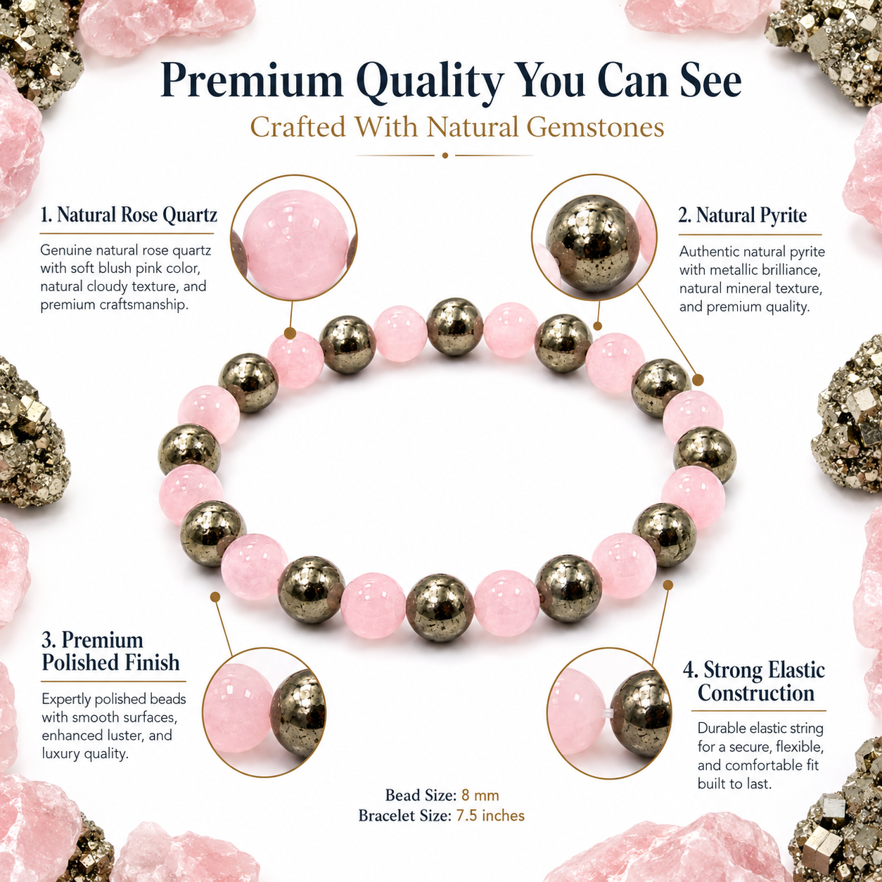 Prosperity & Love Bracelet | Natural Rose Quartz & Pyrite Crystal Bracelet 8mm