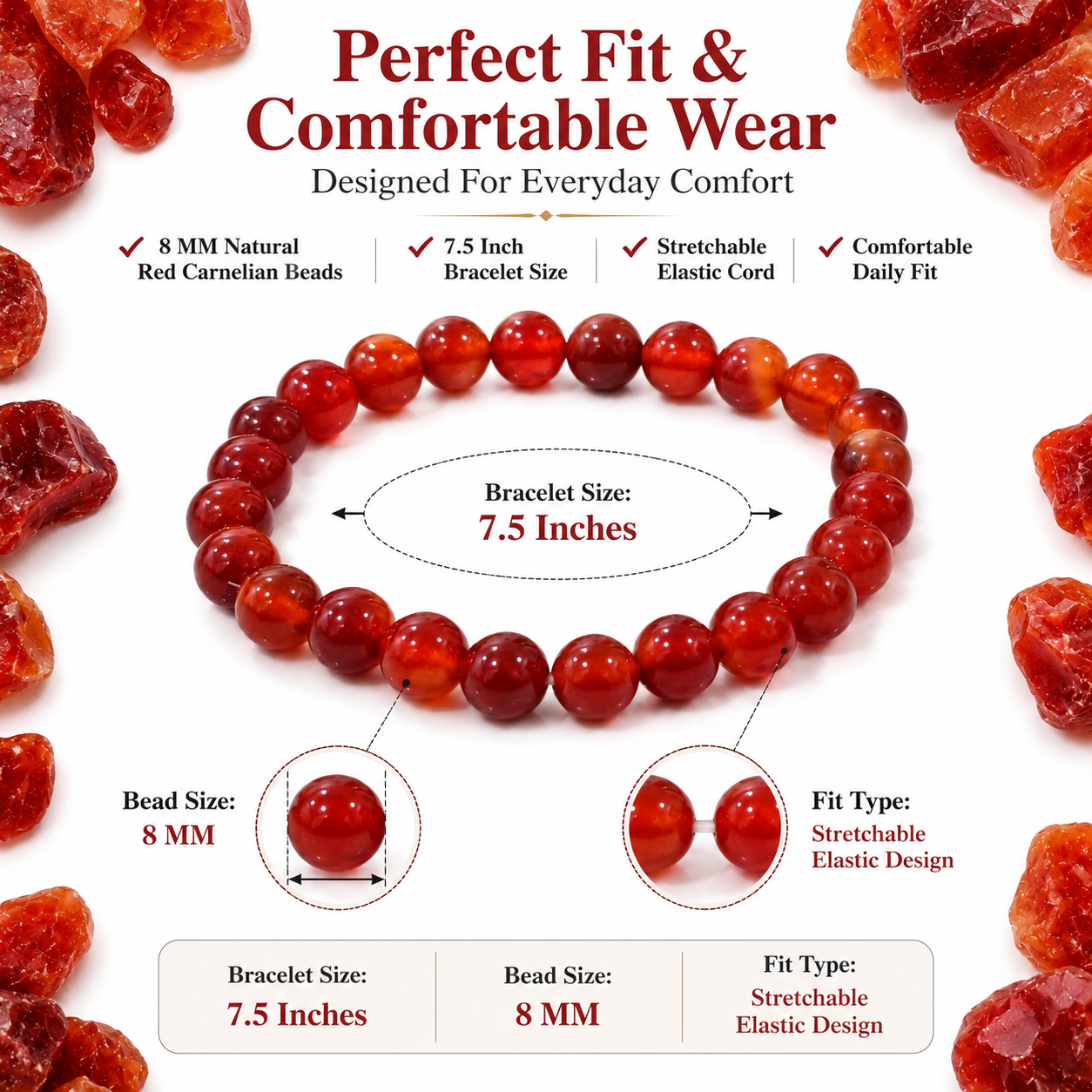 Natural Red Carnelian Bracelet 8mm | Certified Courage, Confidence & Vitality Gemstone Bracelet