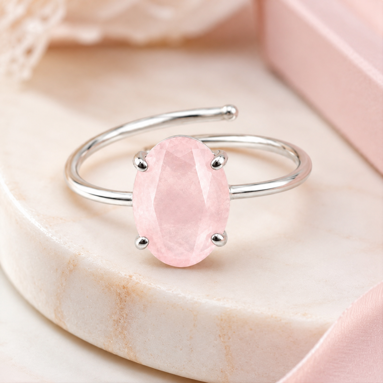 Natural Rose Quartz Adjustable Ring | Handmade Rose Quartz Gemstone Ring | Healing Crystal Jewelry