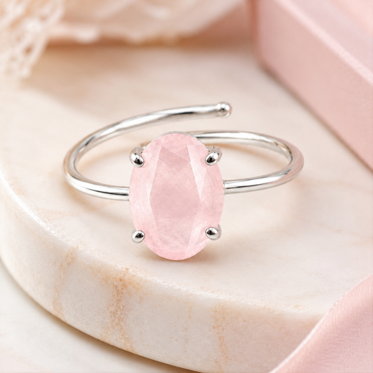 Natural Rose Quartz Adjustable Ring | Handmade Rose Quartz Gemstone Ring | Healing Crystal Jewelry
