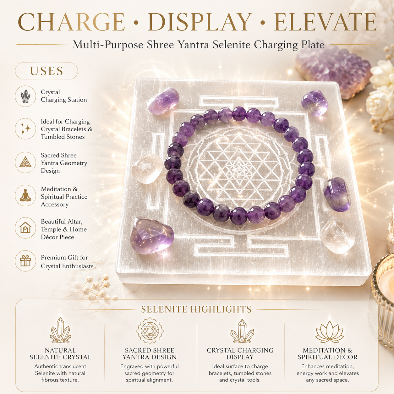 Shree Yantra Selenite Charging Plate – Natural Crystal Cleansing & Charging Plate