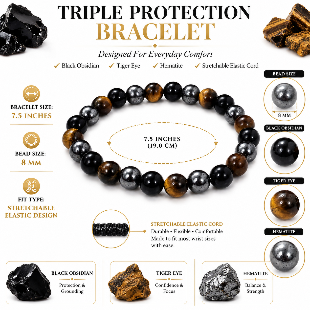 Triple Protection Bracelet – Black Obsidian, Tiger Eye & Hematite Protection Bracelet
