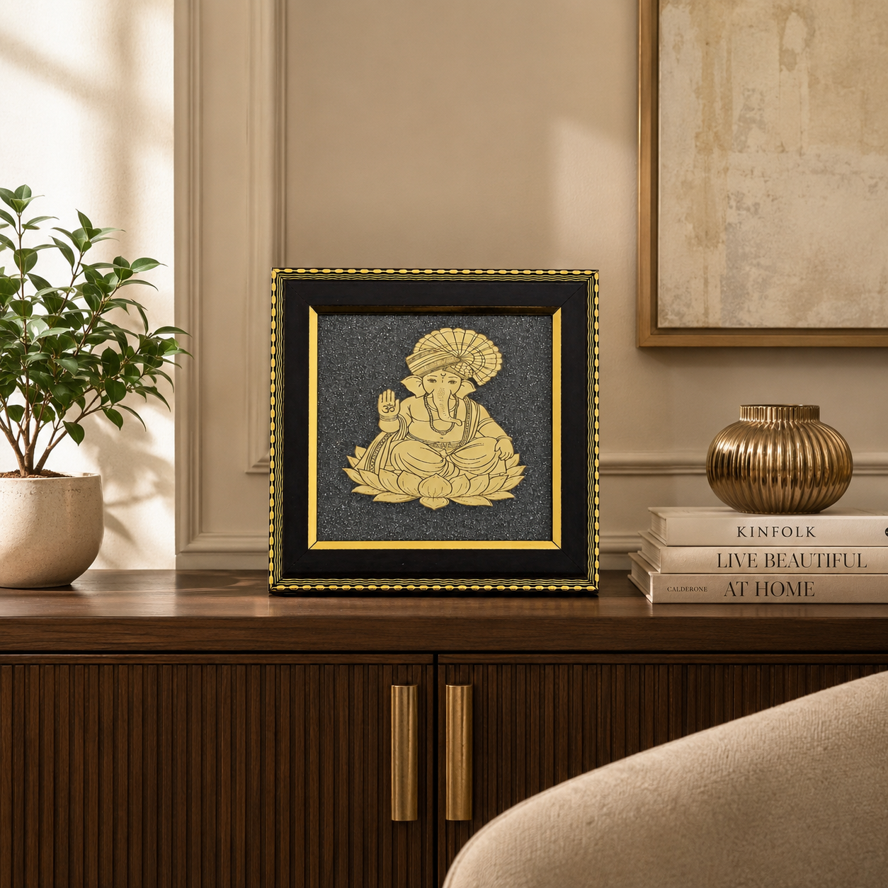 Natural Pyrite Lord Ganesha Frame | Handcrafted Ganesh Wall Décor | Spiritual & Auspicious Decorative Frame for Home and Office
