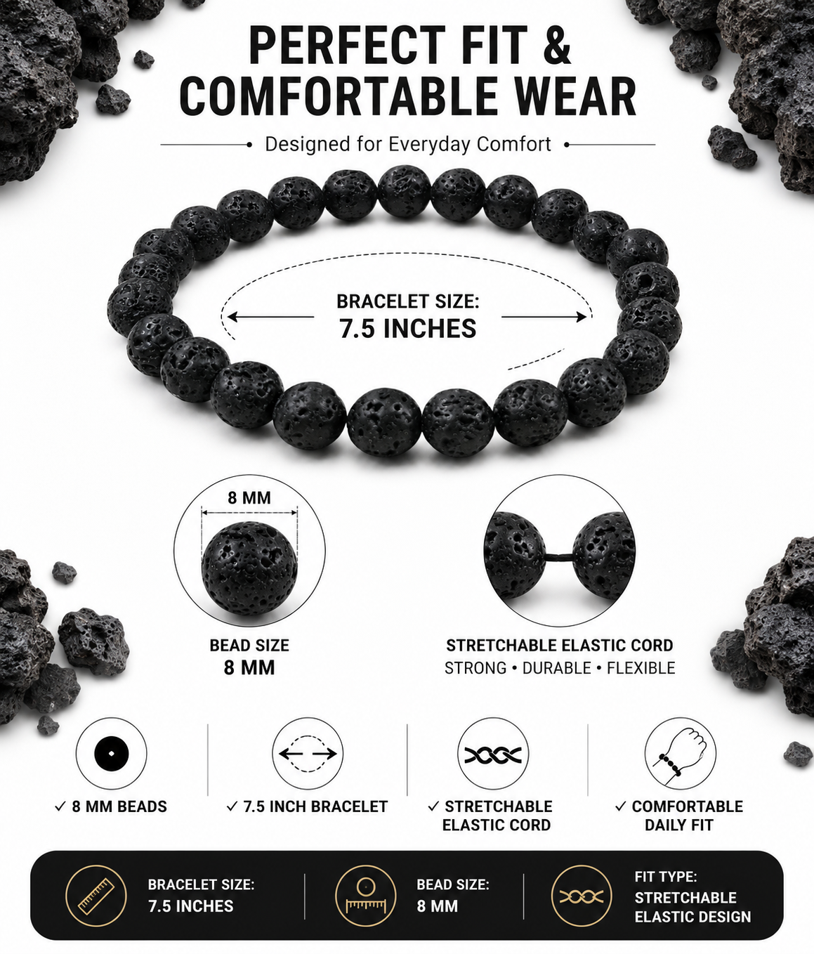 Natural Lava Stone Bracelet 8mm