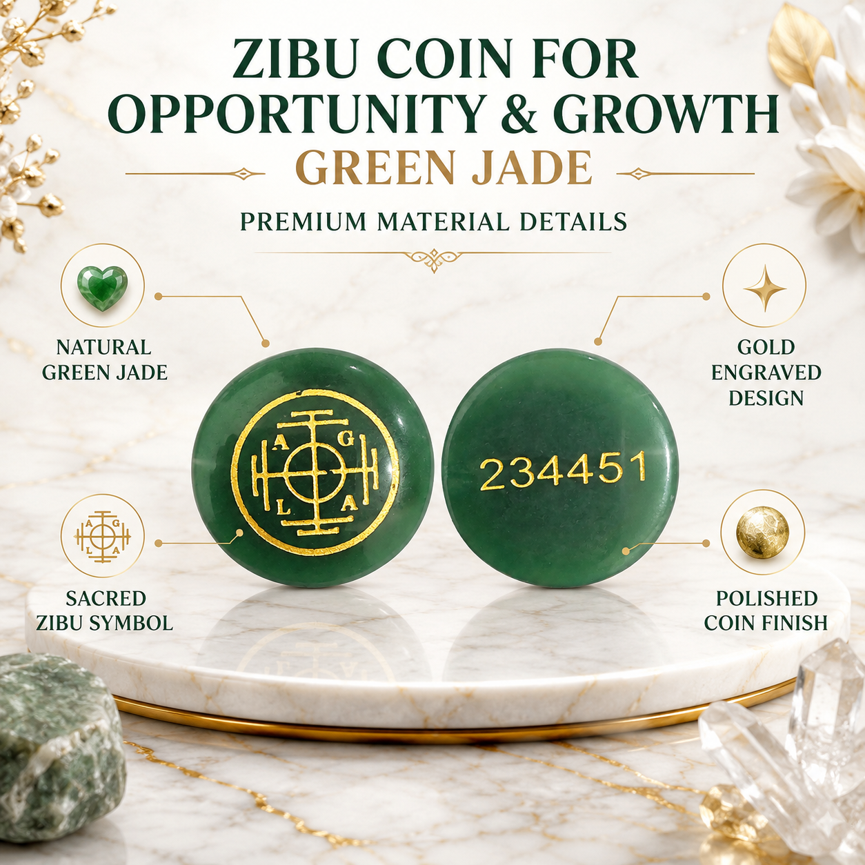 Natural Green Jade Opportunity & Growth Coin | Engraved Positive Progress Pocket Stone | Zibu Symbol Crystal Coin
