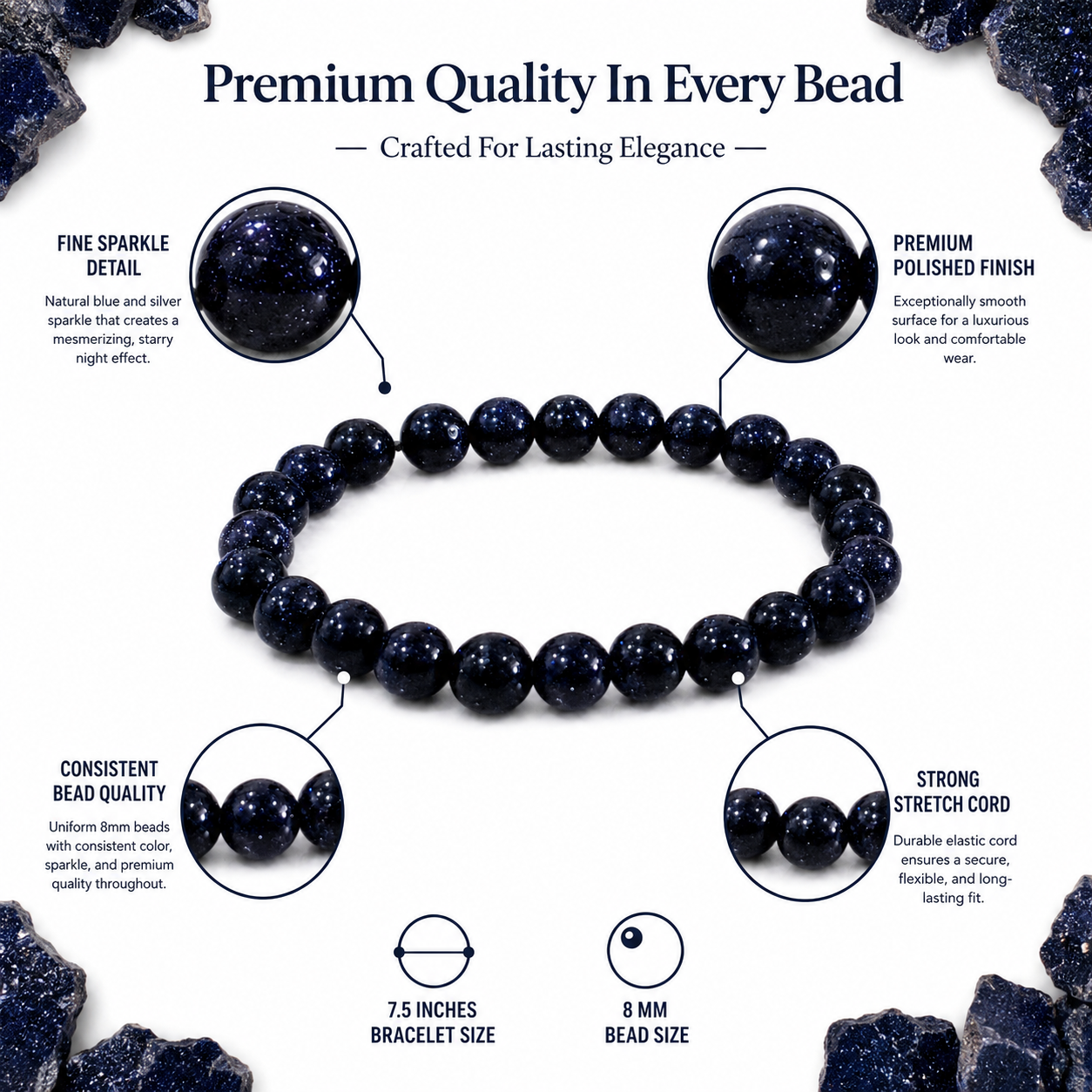 Blue Goldstone Bracelet 8mm | Certified Ambition, Confidence & Positive Energy Crystal Bracelet