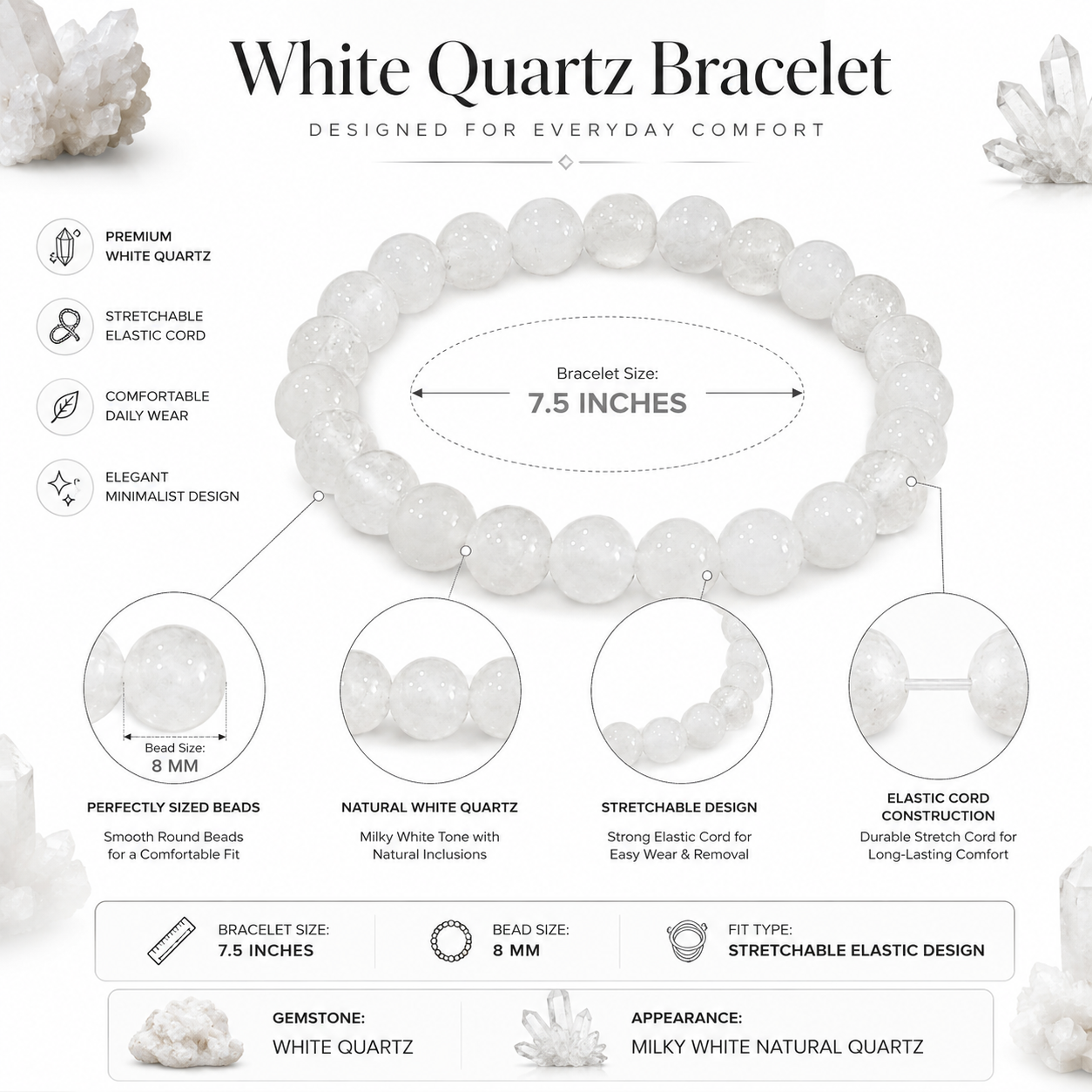 Natural White Quartz Bracelet – Clarity, Balance & Positive Energy Crystal Bracelet