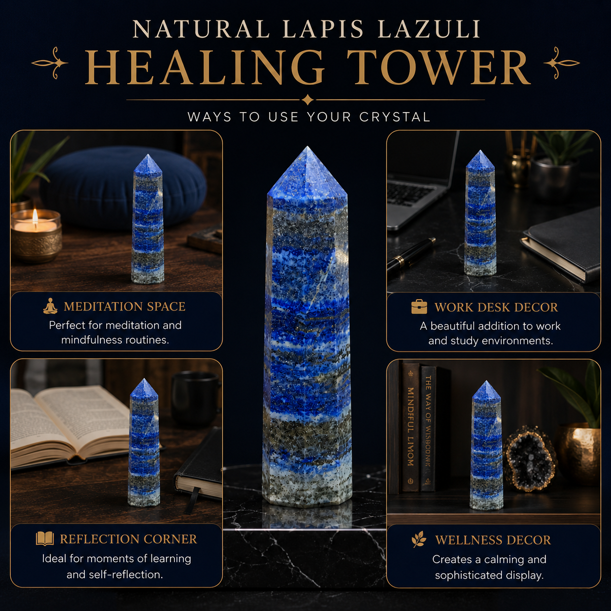 Natural Lapis Lazuli Healing Tower | Premium Polished Lapis Lazuli Crystal Point | Wisdom, Communication & Meditation Crystal