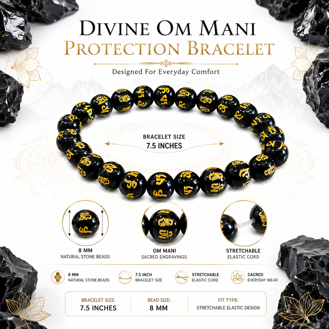 Divine OM Mani Protection Bracelet | Natural Black Obsidian Bracelet with Sacred Om Mani Mantra Beads