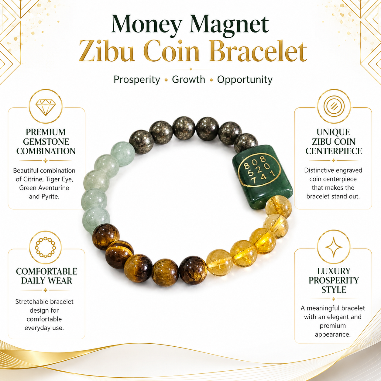Money Magnet Zibu Coin Bracelet – Citrine, Green Aventurine, Tiger Eye & Pyrite Wealth Bracelet
