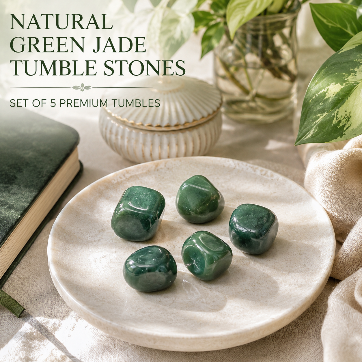Natural Green Jade Tumble Stones | Set of 5 Premium Green Jade Crystal Tumbled Stones | Prosperity, Harmony & Good Luck Healing Crystals