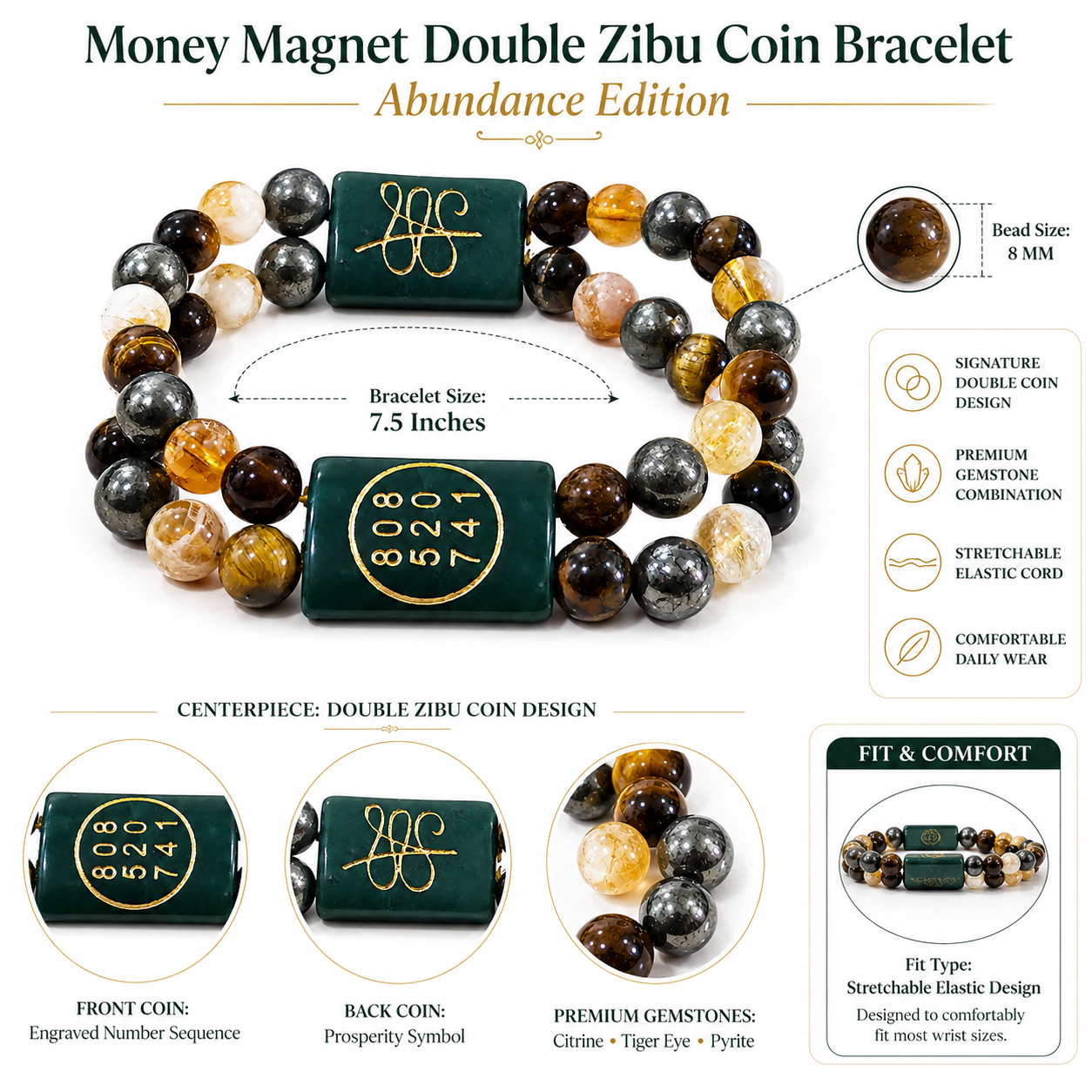 Money Magnet Double Zibu Coin Bracelet – Abundance Edition with Citrine, Tiger Eye & Pyrite