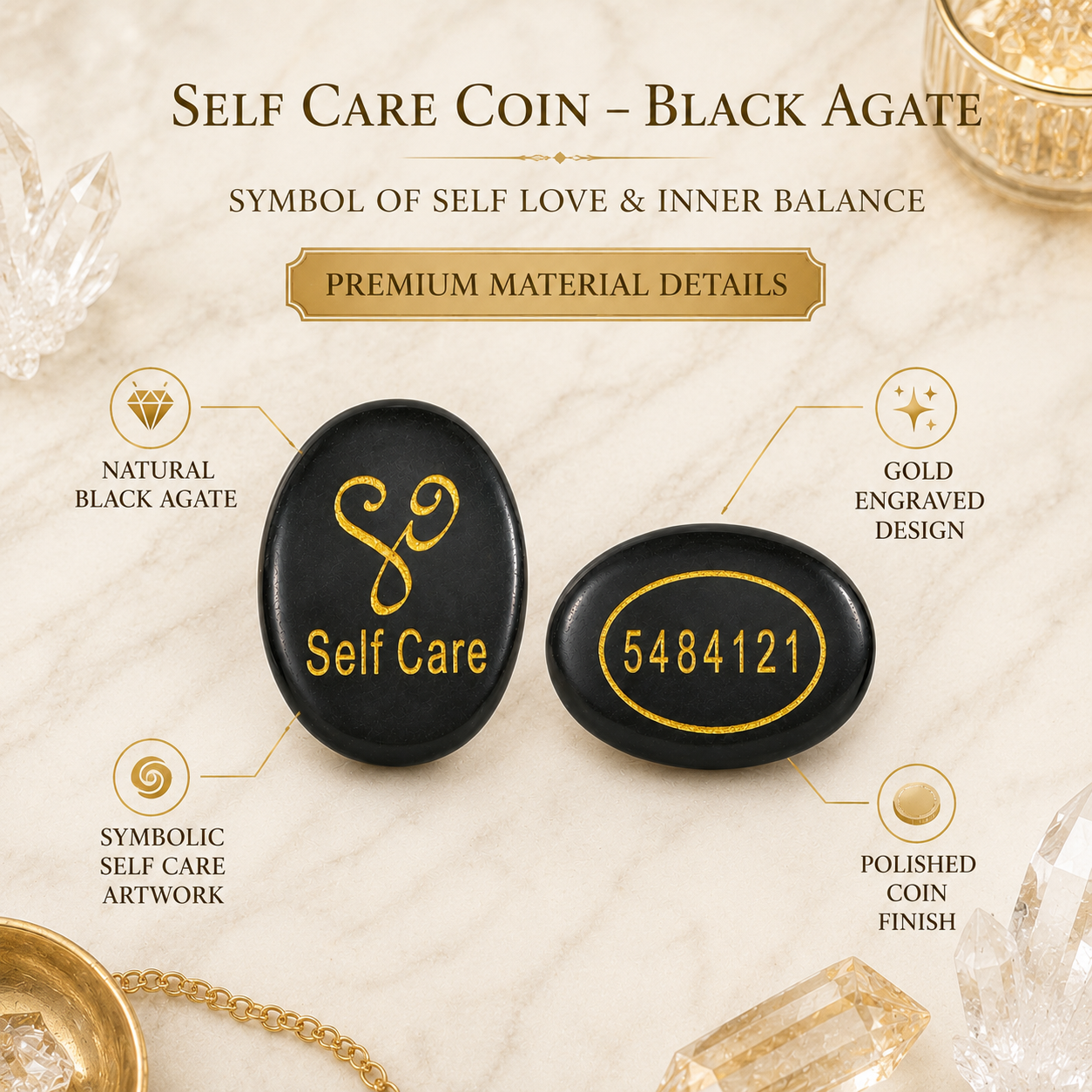 Natural Black Agate Self Care Coin | Engraved Self Love Pocket Stone | Inner Balance Crystal Coin