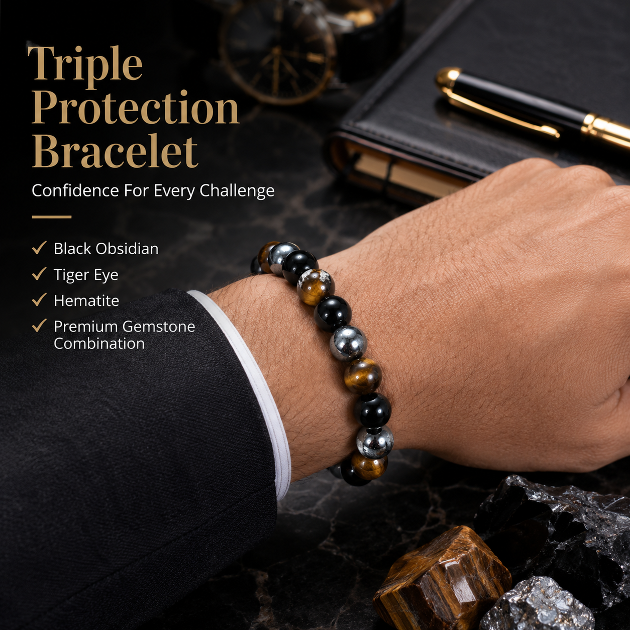 Triple Protection Bracelet – Black Obsidian, Tiger Eye & Hematite Protection Bracelet