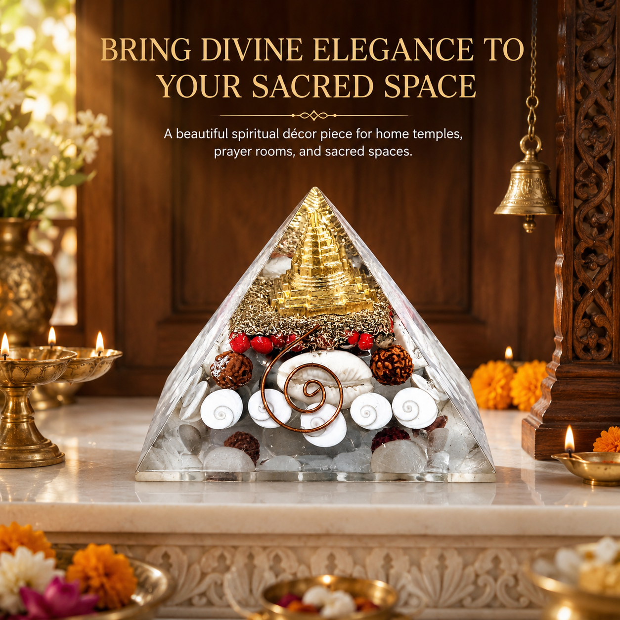 Natural Shree Laxmi Yantra Orgonite Pyramid with Gomti Chakra & Rudraksha