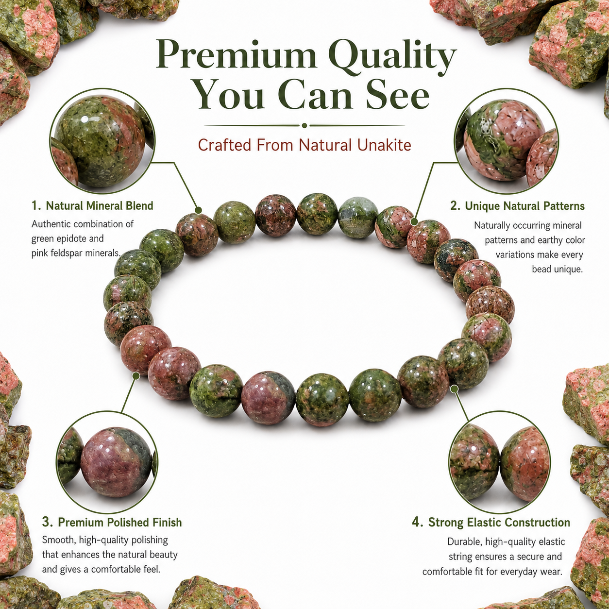 Natural Unakite Bracelet 8mm | Certified Gemstone Bracelet