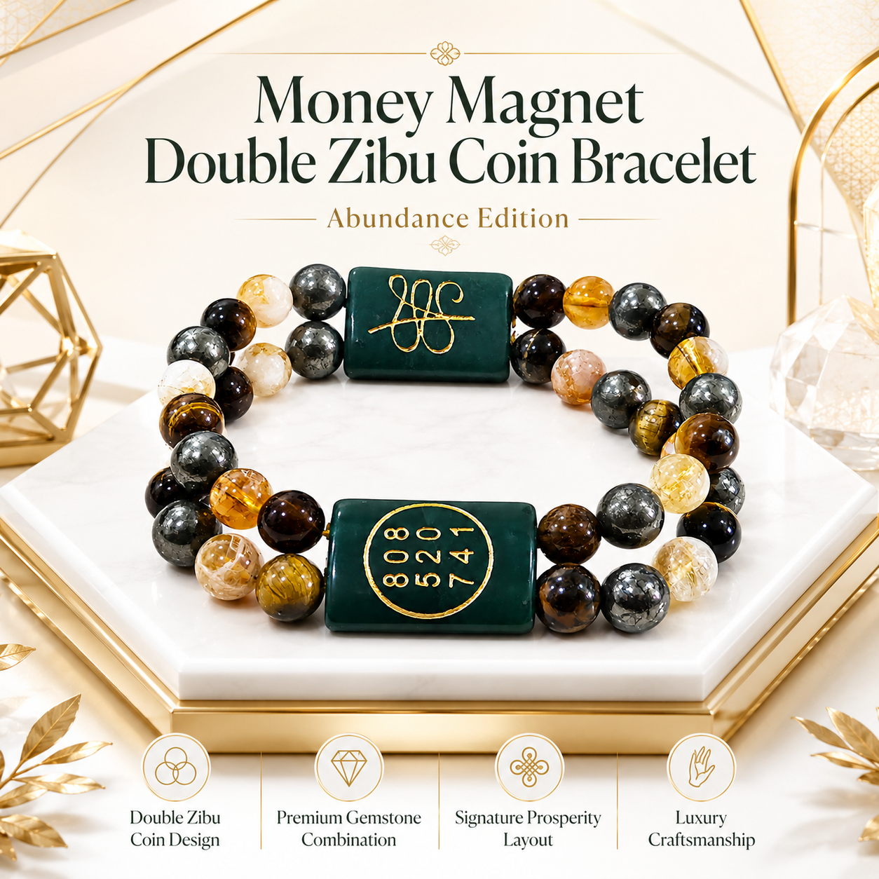 Money Magnet Double Zibu Coin Bracelet – Abundance Edition with Citrine, Tiger Eye & Pyrite
