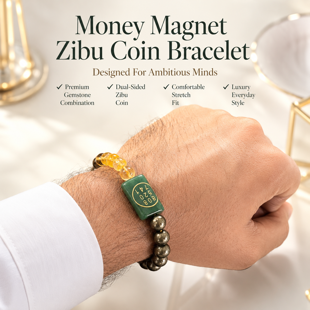 Money Magnet Zibu Coin Bracelet – Citrine, Green Aventurine, Tiger Eye & Pyrite Wealth Bracelet