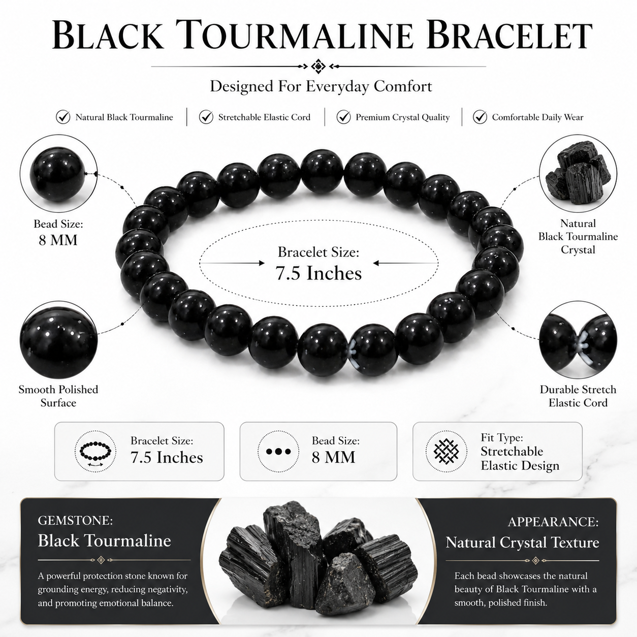 Natural Black Tourmaline Bracelet – Protection, Grounding & Energy Shield Bracelet