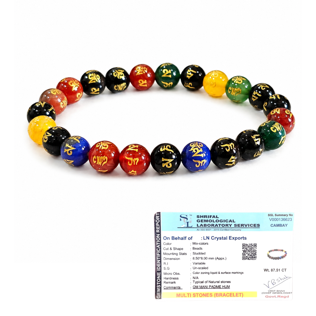 Divine Multi OM Mani Bracelet – Sacred OM Mani Padme Hum Mantra Bracelet for Spiritual Protection, Meditation, Mindfulness & Positive Energy | 8mm Multi-Stone Beads | Lab Certified