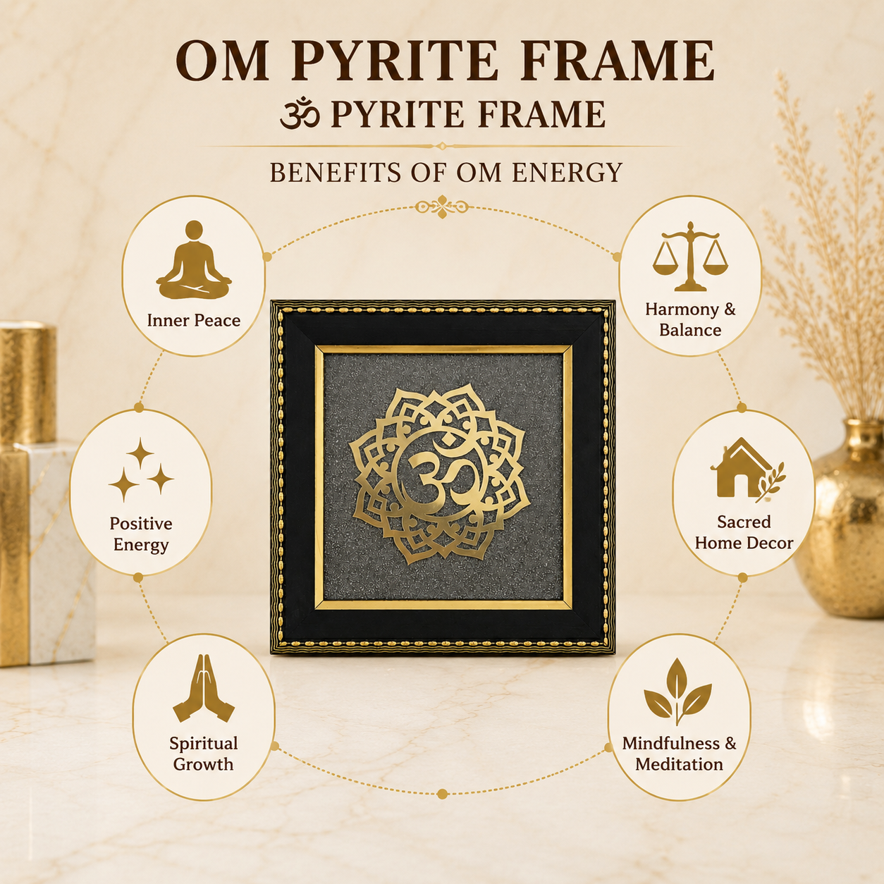Natural Pyrite Om Mandala Frame | Sacred Om Symbol Wall Décor | Handcrafted Spiritual Decorative Frame for Home & Office