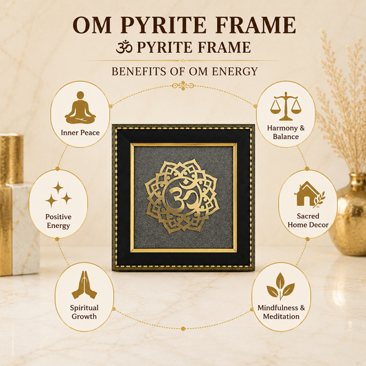 Natural Pyrite Om Mandala Frame | Sacred Om Symbol Wall Décor | Handcrafted Spiritual Decorative Frame for Home & Office