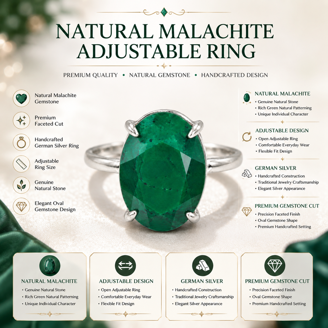 Natural Malachite Adjustable Ring | Handmade Malachite Gemstone Ring | Healing Crystal Jewelry