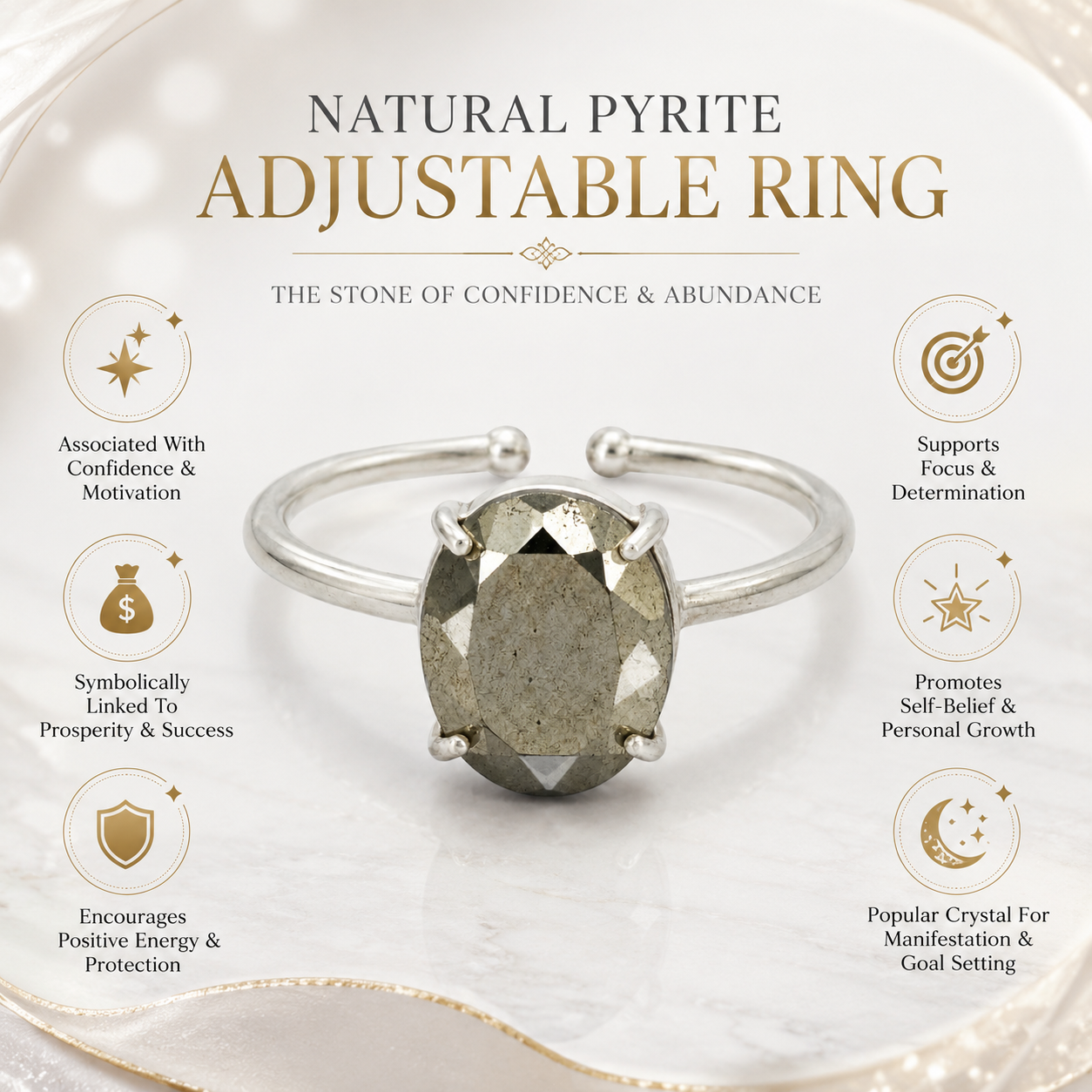Natural Pyrite Adjustable Ring | Handmade Crystal Gemstone Ring | Healing Crystal Jewelry