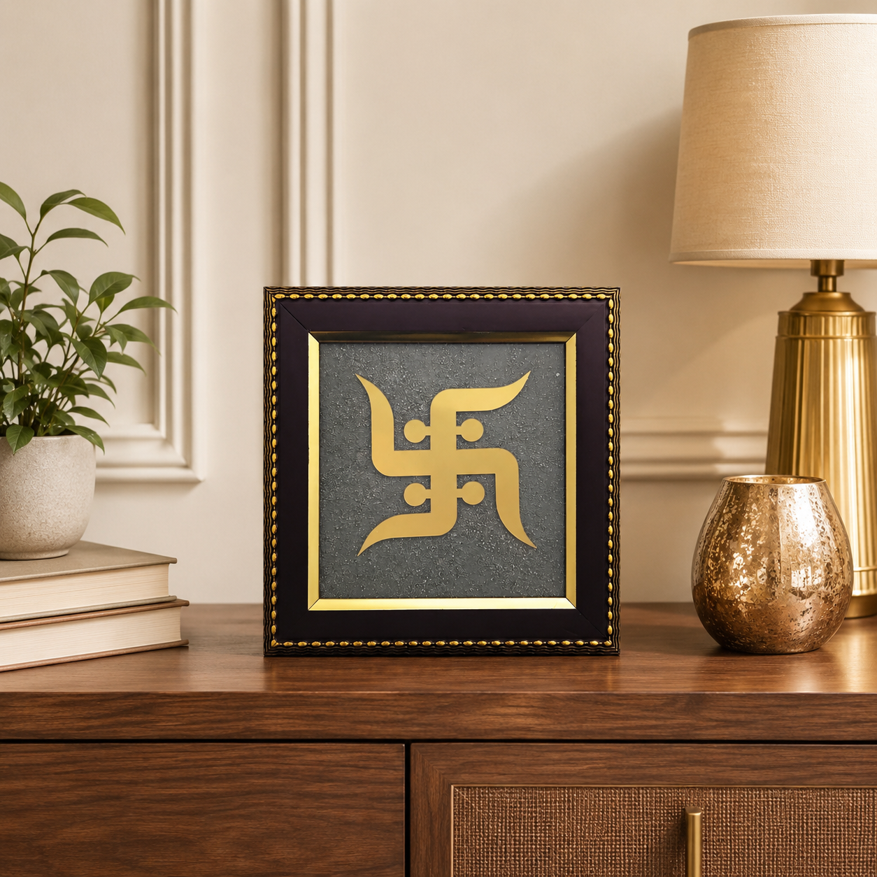 Natural Pyrite Swastik Frame | Sacred Swastik Symbol Wall Décor | Handcrafted Spiritual Frame for Home & Office