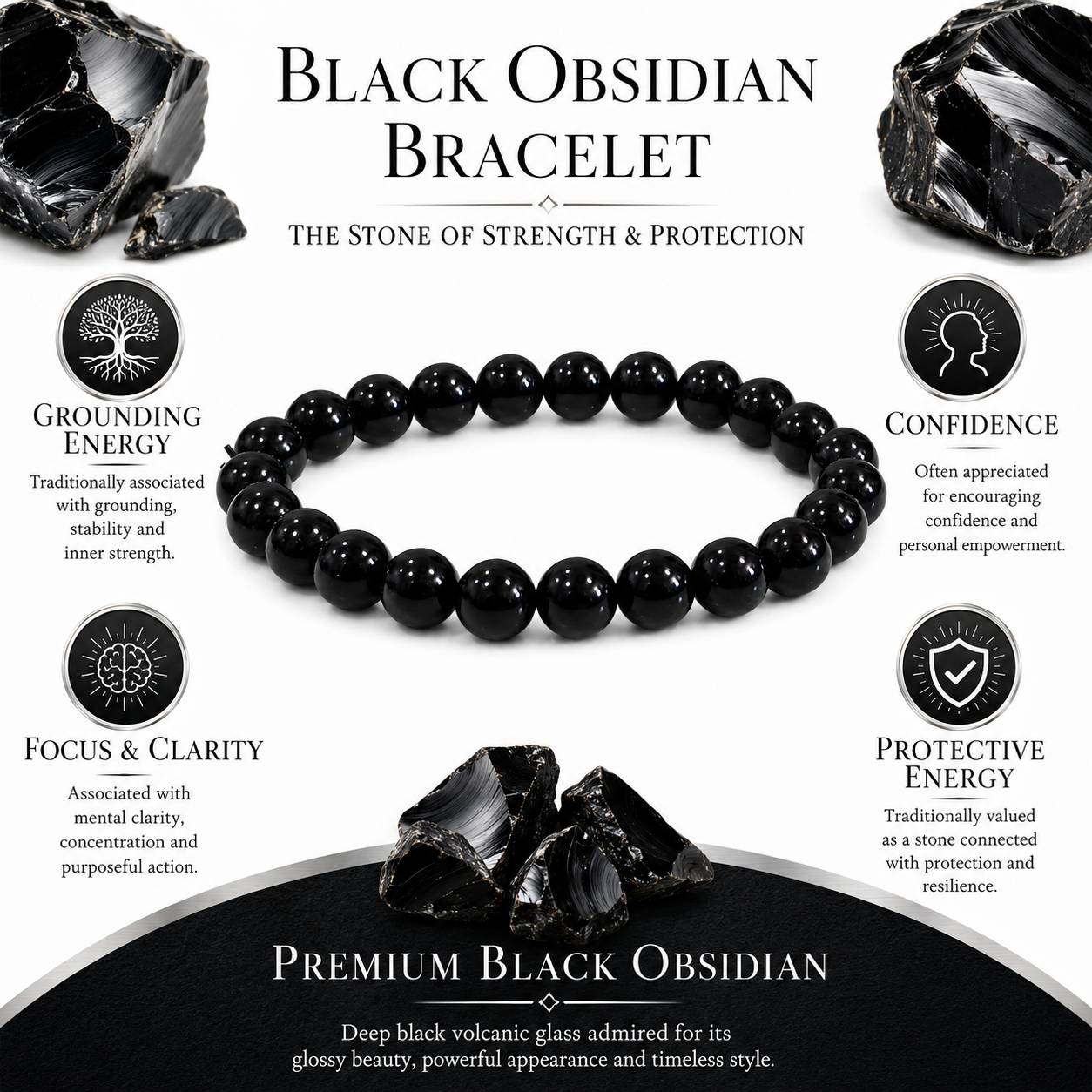 Natural Black Obsidian Bracelet – Protection, Grounding & Energy Shield Bracelet