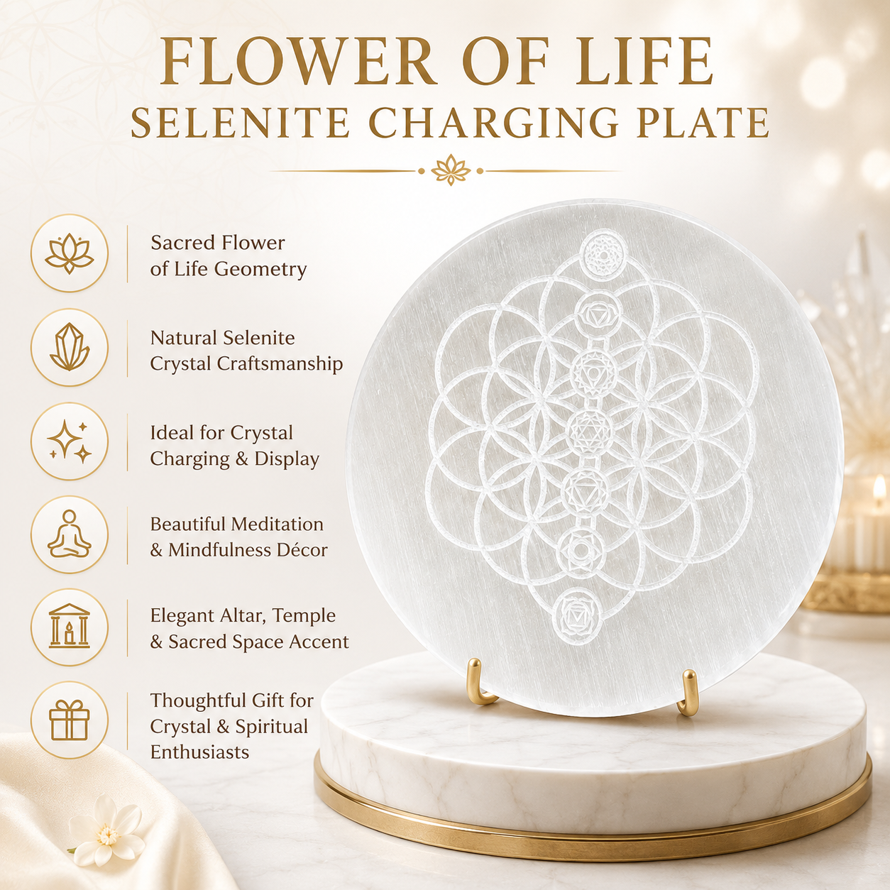 Flower of Life Selenite Charging Plate – Natural Crystal Cleansing & Charging Plate