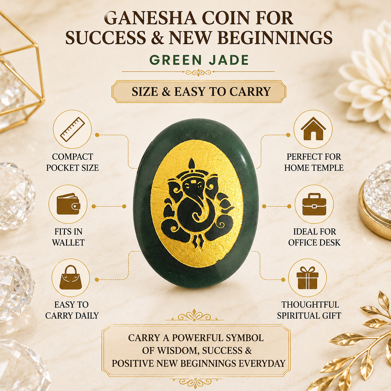 Natural Green Jade Ganesha Coin | Success & New Beginnings Pocket Stone | Lord Ganesha Engraved Crystal Coin