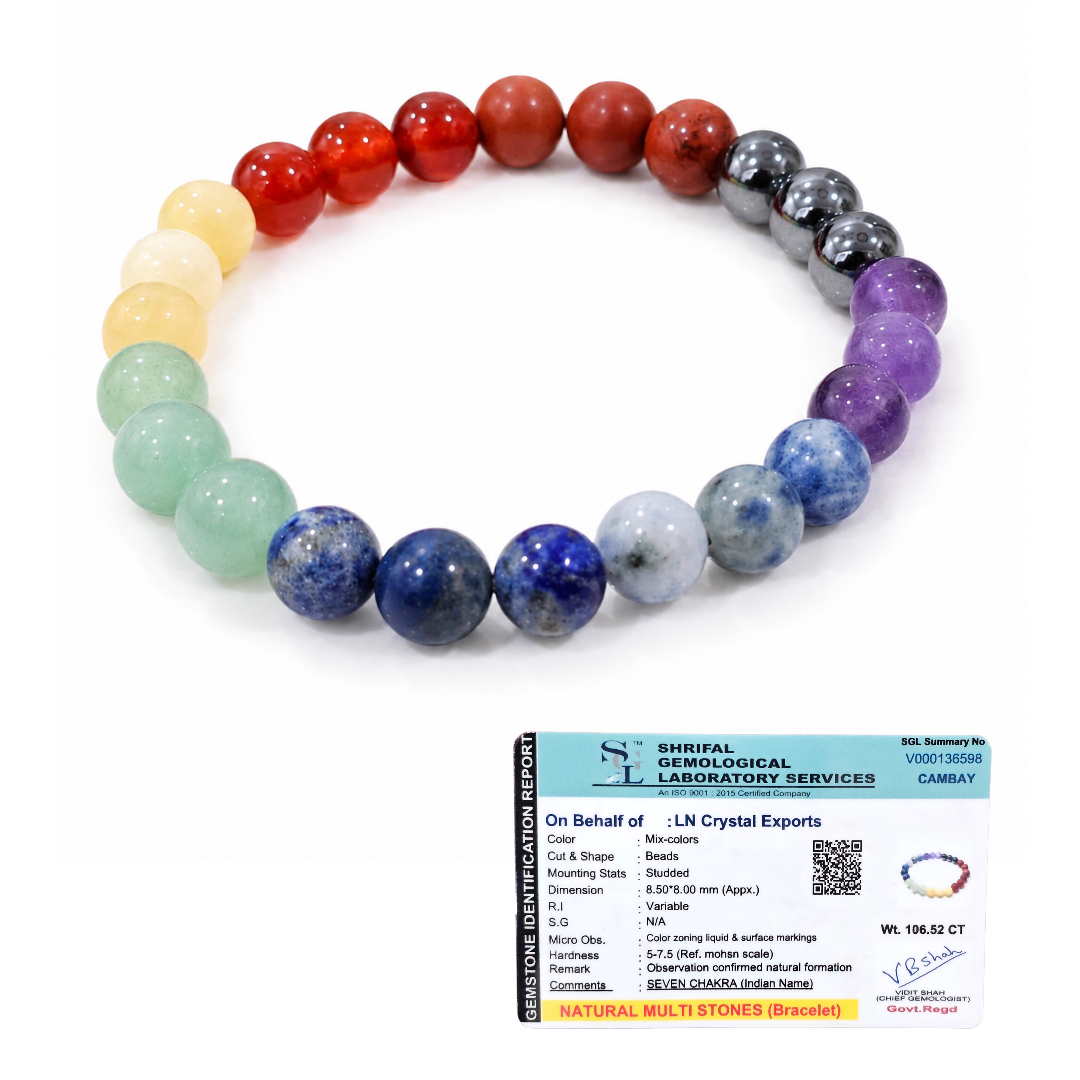 Natural Seven Chakra Bracelet 8mm | Certified Multi Gemstone Chakra Healing Bracelet