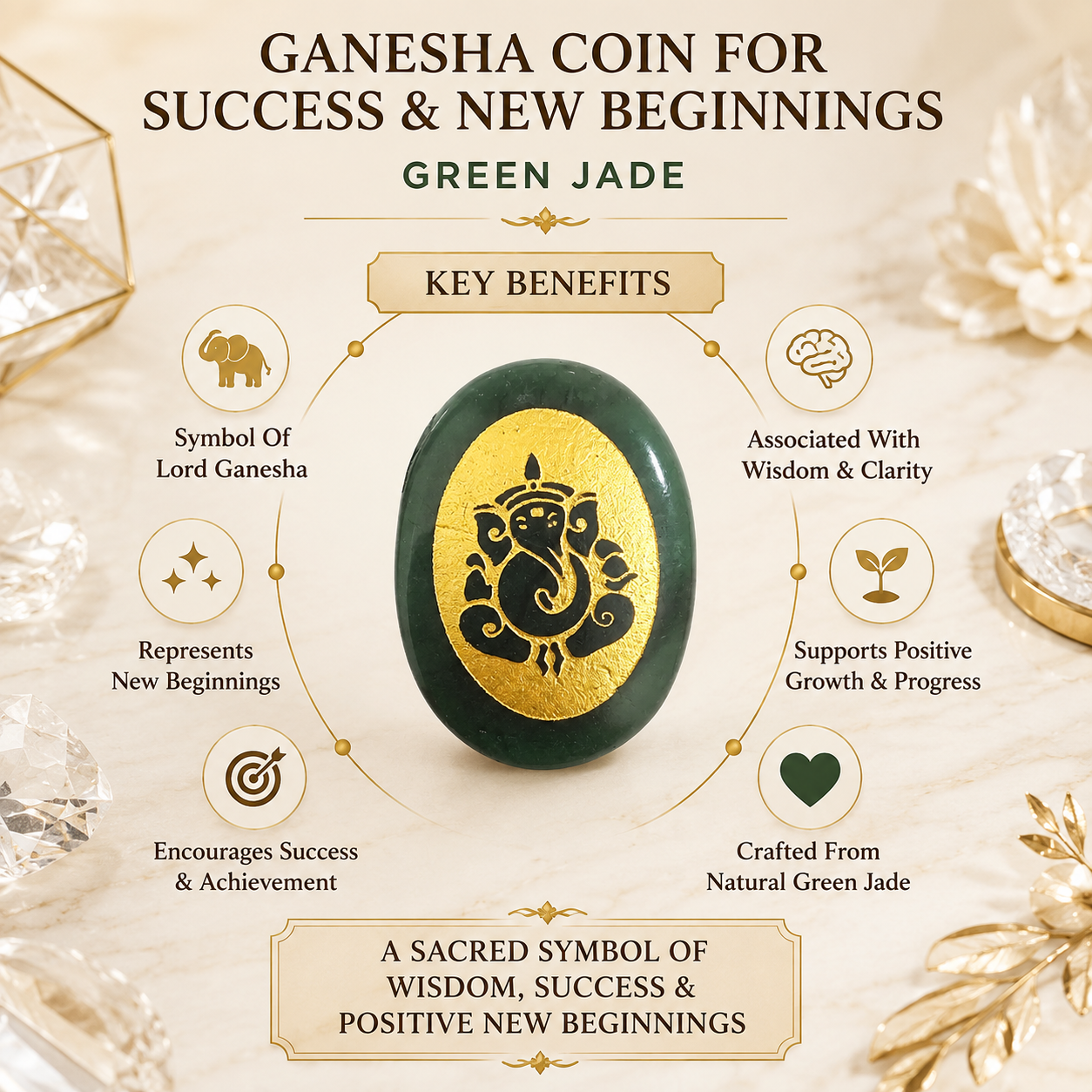 Natural Green Jade Ganesha Coin | Success & New Beginnings Pocket Stone | Lord Ganesha Engraved Crystal Coin