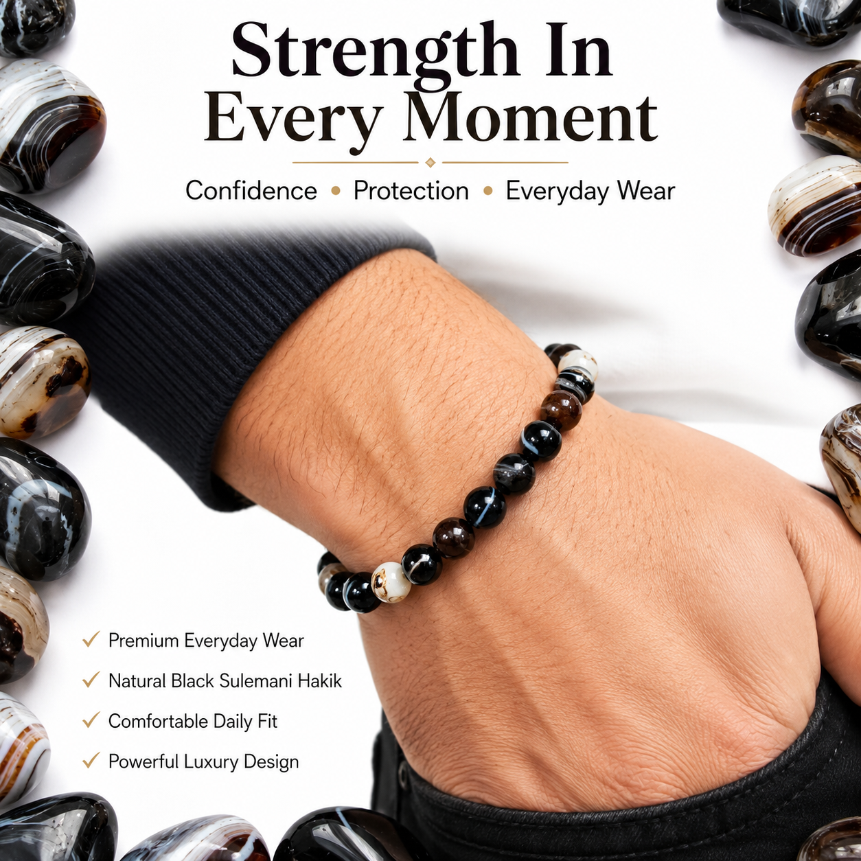 Natural Black Sulemani Hakik Bracelet 8mm