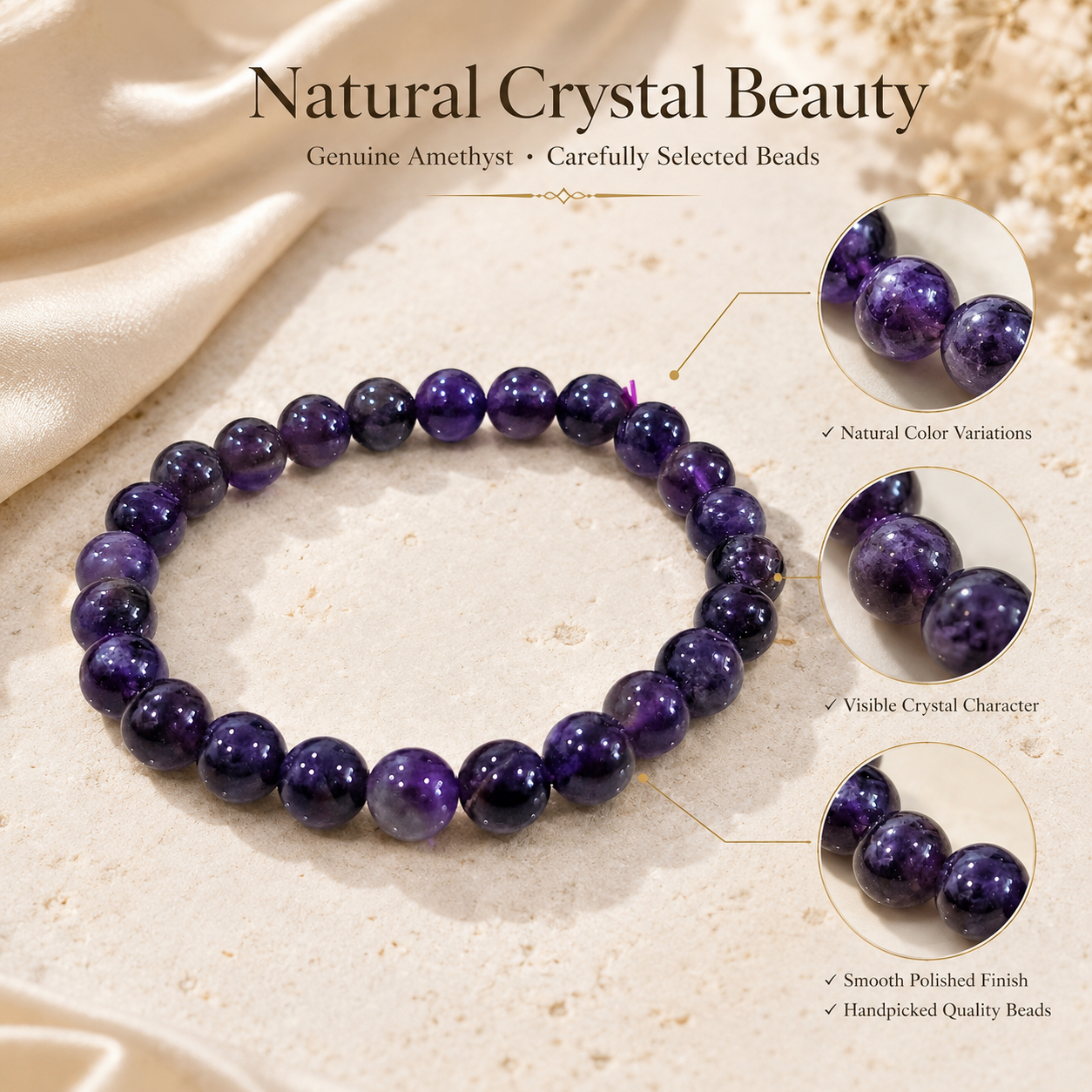 Natural Amethyst Bracelet 8mm - Certified Crystal Bracelet