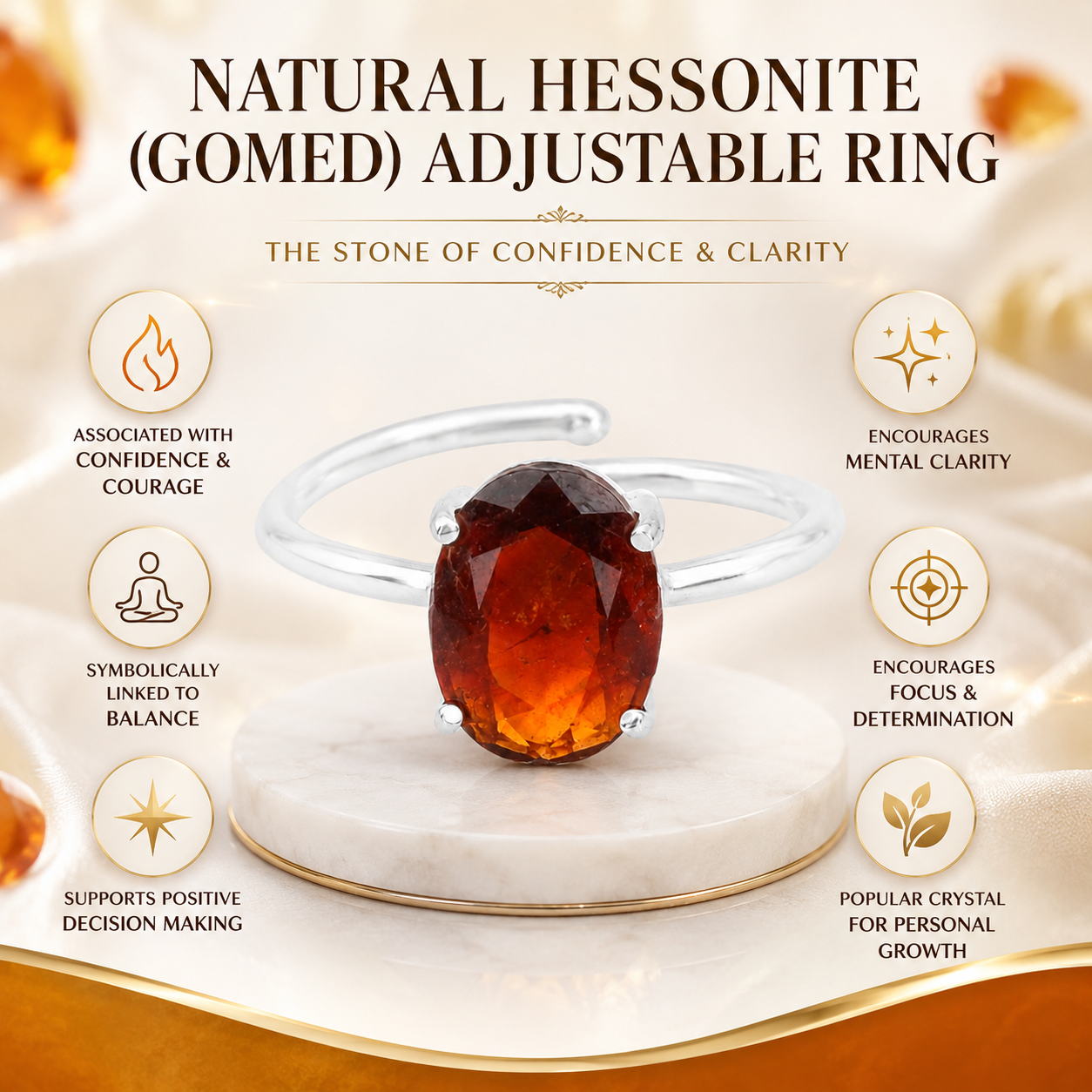 Natural Hessonite (Gomed) Adjustable Ring | Handmade Gomed Gemstone Ring | Healing Crystal Jewelry