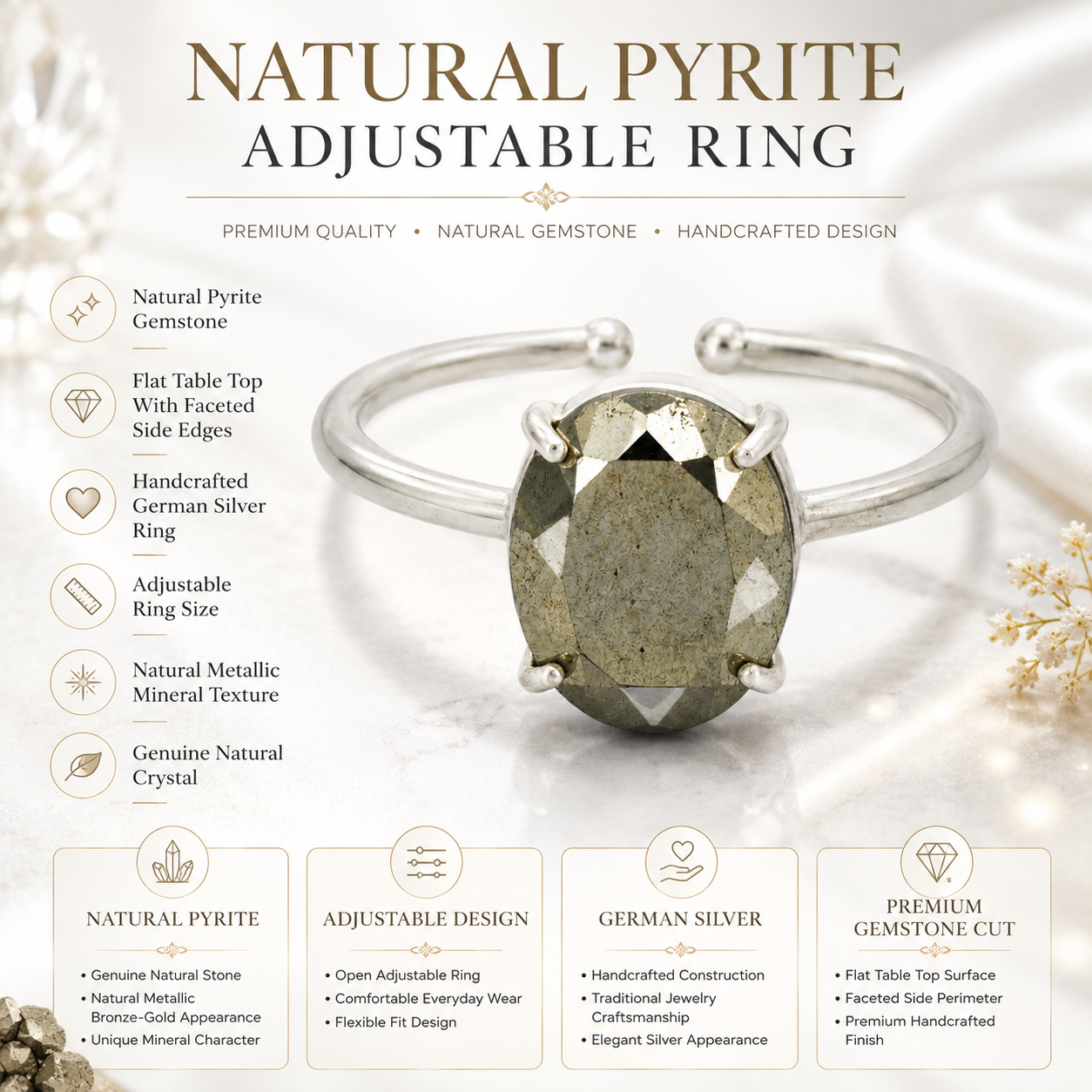 Natural Pyrite Adjustable Ring | Handmade Crystal Gemstone Ring | Healing Crystal Jewelry