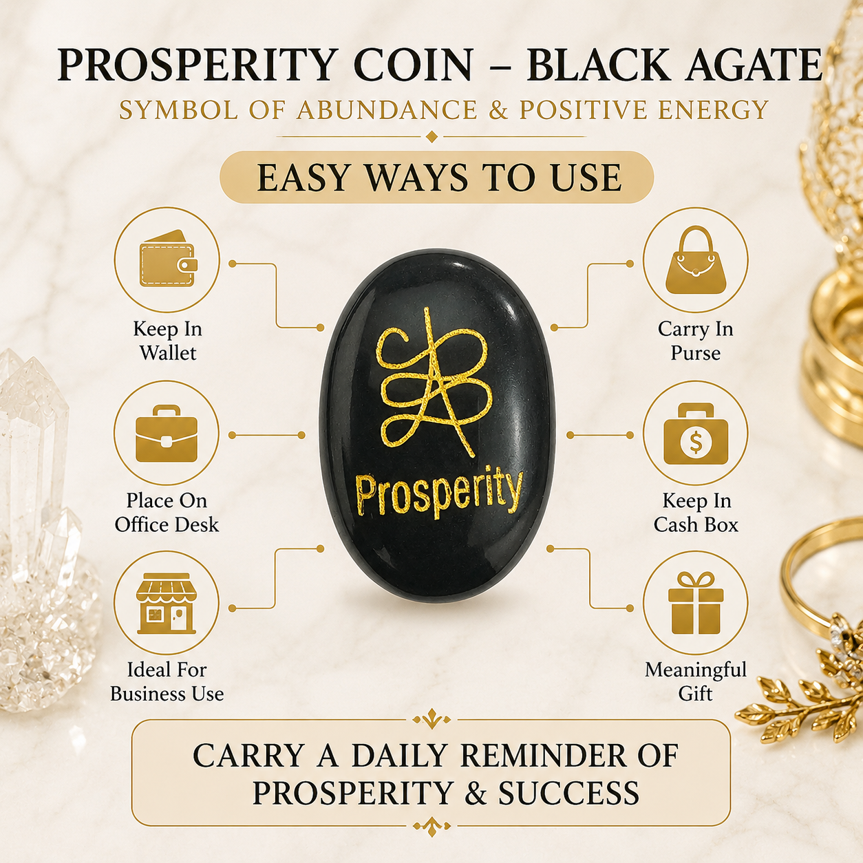 Natural Black Agate Prosperity Coin | Engraved Abundance Symbol Pocket Stone | Positive Energy Crystal Coin