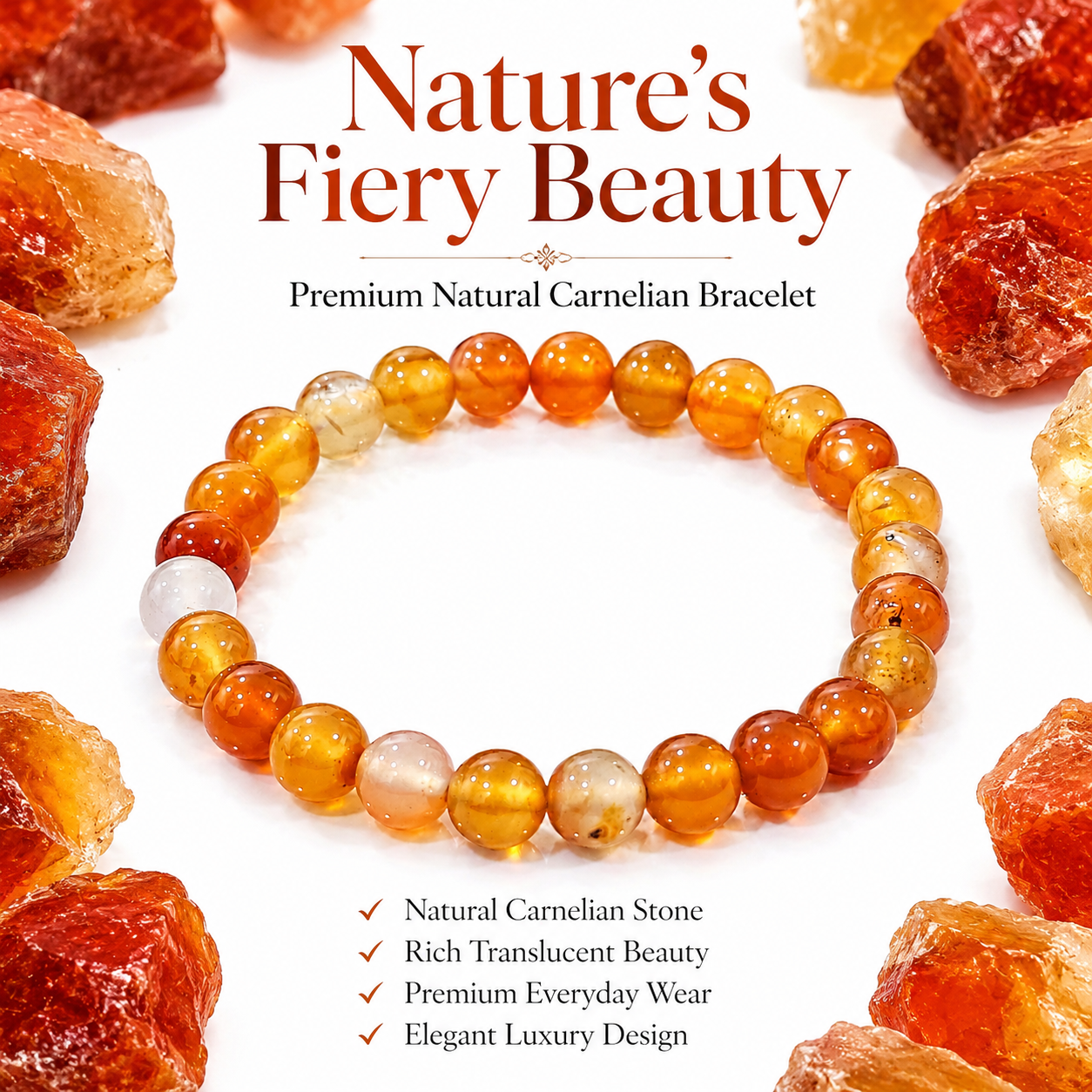 Natural Carnelian Bracelet 8mm | Certified Gemstone Bracelet