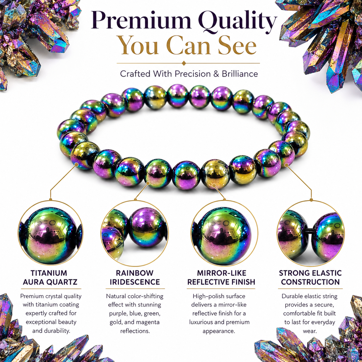 Titanium Aura Quartz Bracelet 8mm | Certified Energy, Positivity & Spiritual Growth Bracelet