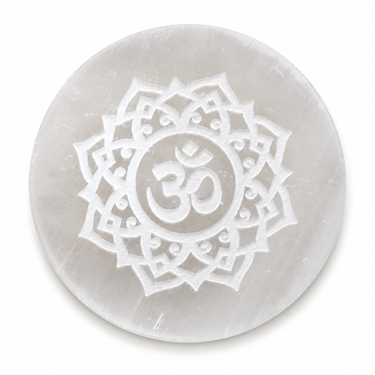 Om Selenite Charging Plate – Natural Crystal Cleansing & Charging Plate