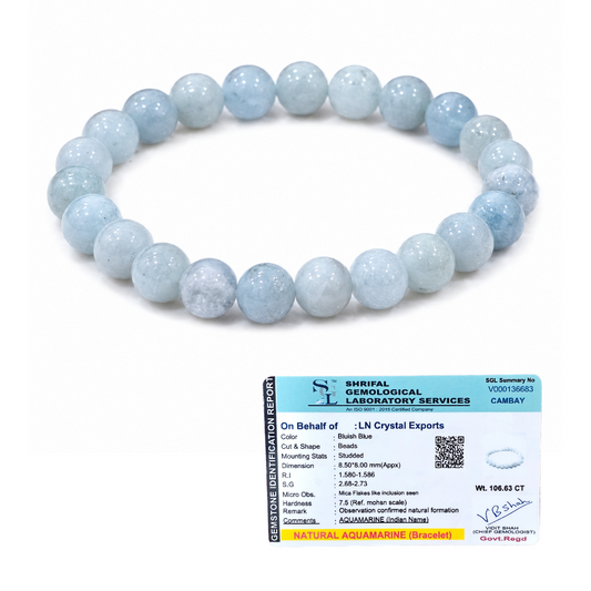 Natural Aquamarine Bracelet 8mm | Certified Ocean Blue Gemstone Crystal Bracelet