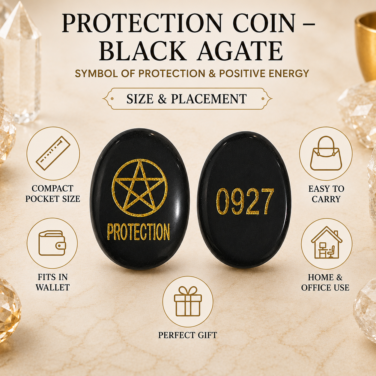 Natural Black Agate Protection Coin | Sacred Protection Energy Coin | Pocket Crystal for Positivity, Meditation & Spiritual Practices