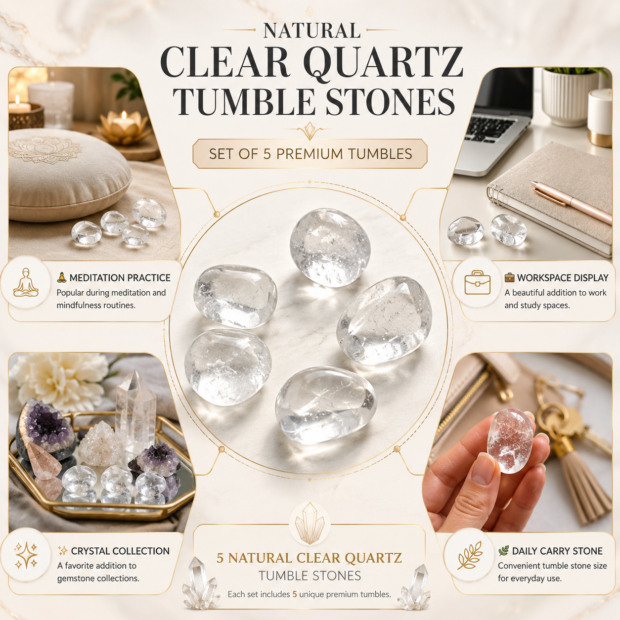 Natural Clear Quartz Tumble Stones | Set of 5 Premium Clear Quartz Crystal Tumbled Stones | Clarity & Energy Amplification Healing Crystals