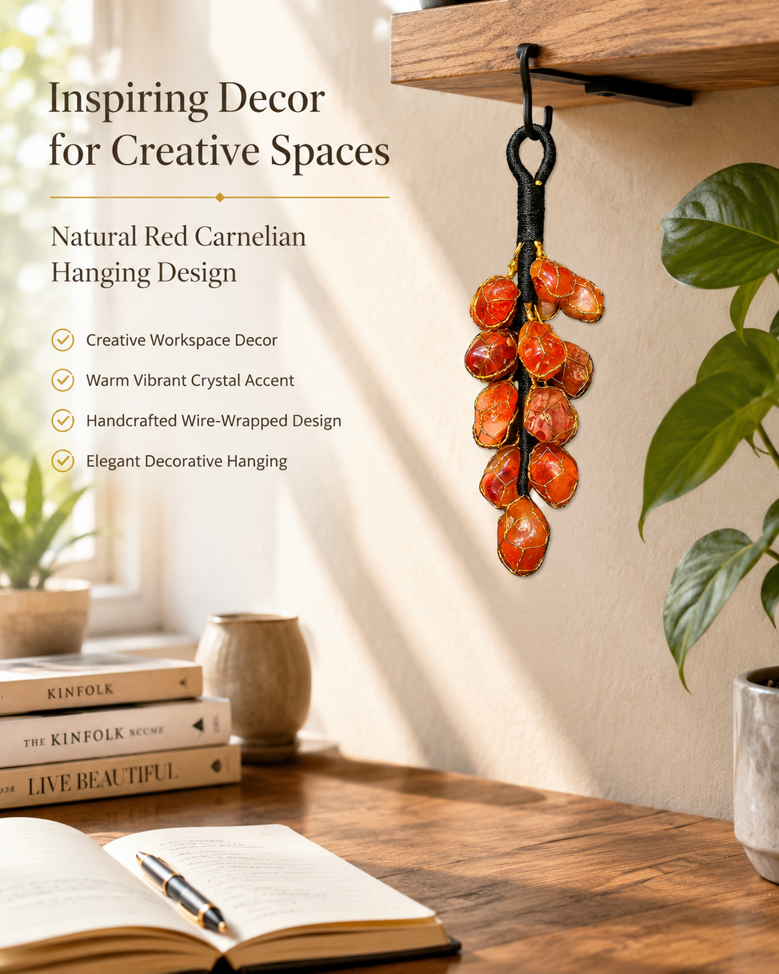 Red Carnelian Hanging Decor | Natural Crystal Hanging | 15 Stone Handmade Home Decor