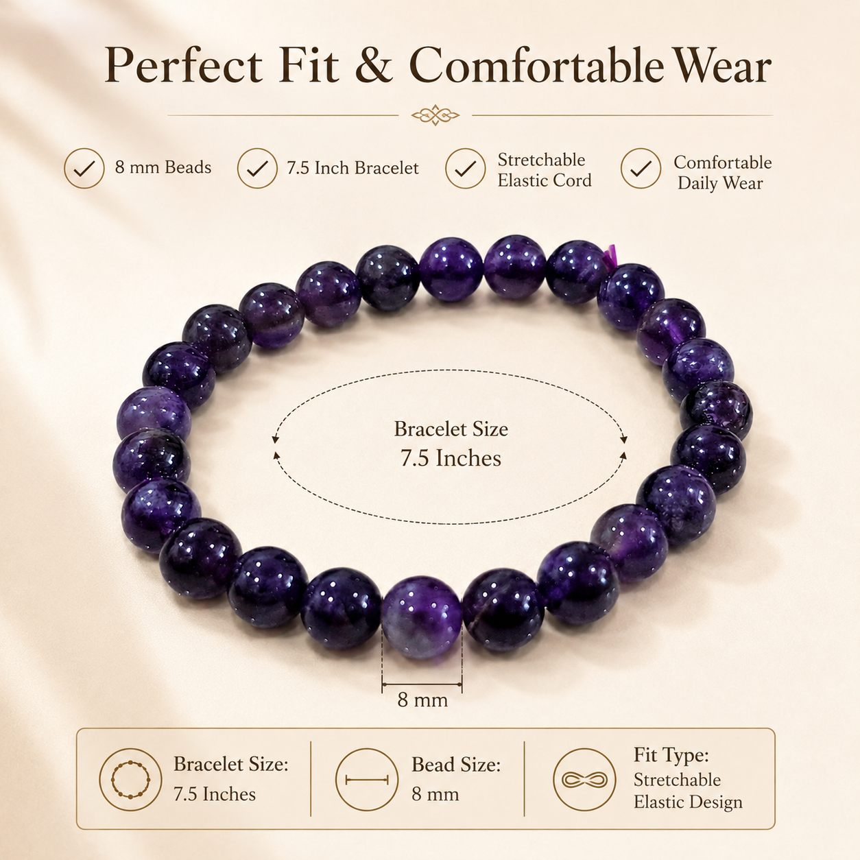 Natural Amethyst Bracelet 8mm - Certified Crystal Bracelet