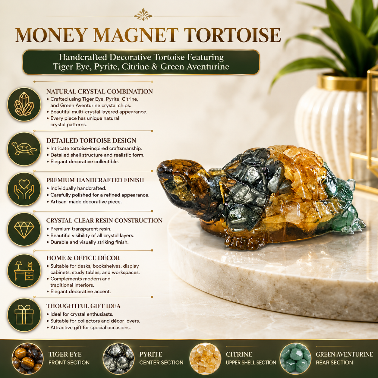 Natural Money Magnet Tortoise – Handcrafted Crystal Tortoise